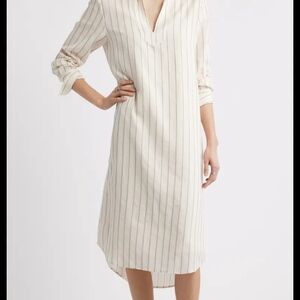 Nordstrom Cream Striped V-Neck Midi Shirt Dress